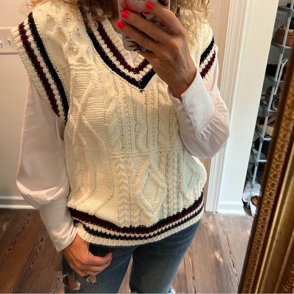 Cable Knit Sweater Vest Cream Sporty Stripes Size Large - Picture 6 of 9